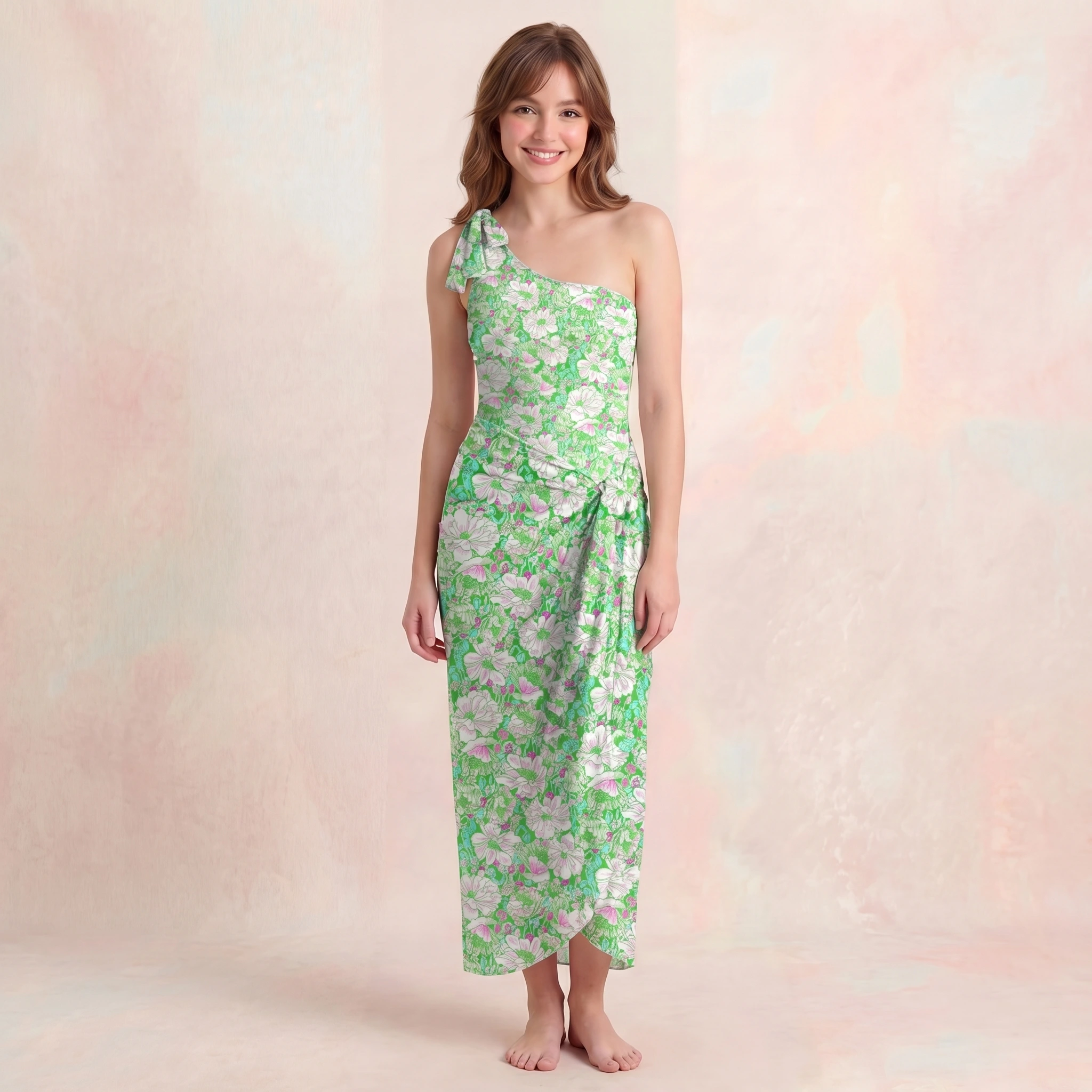 Mint Garden One Shoulder One Piece Swimsuit and Matching Sarong Set for Women
