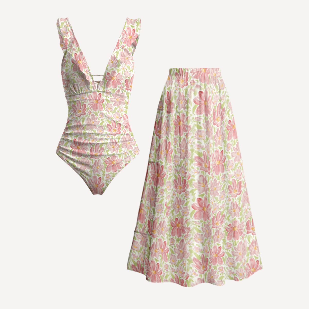 Cosmos Flower Ruffled V Neck One Piece Swimsuit and Matching Midi Skirt Set