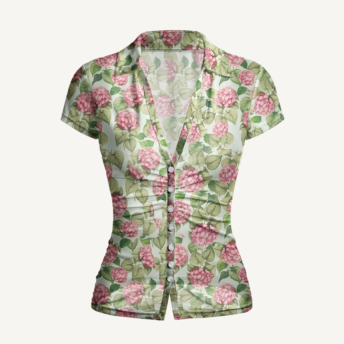 V-Neck Short Sleeve Hydrangea Whisper Print Mesh Top
