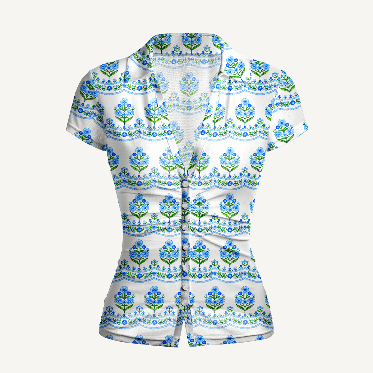 V-Neck Short Sleeve Azure Folk Print Mesh Top